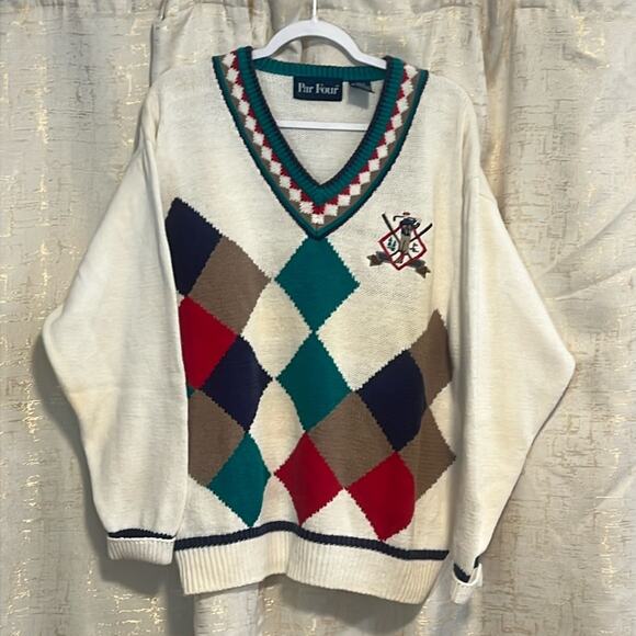 Vintage Par Four Golfer V-Neck Sweater Retro Preppy Cream Green Men's Sz Medium‎ - Picture 1 of 7